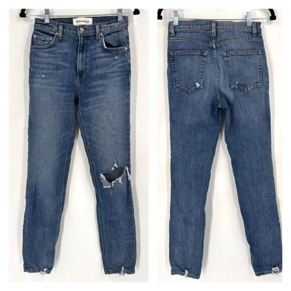 Reformation Hepburn High Rise Jeans Skinny Jeans Distressed Rainier Blue Size 26 - Picture 1 of 13